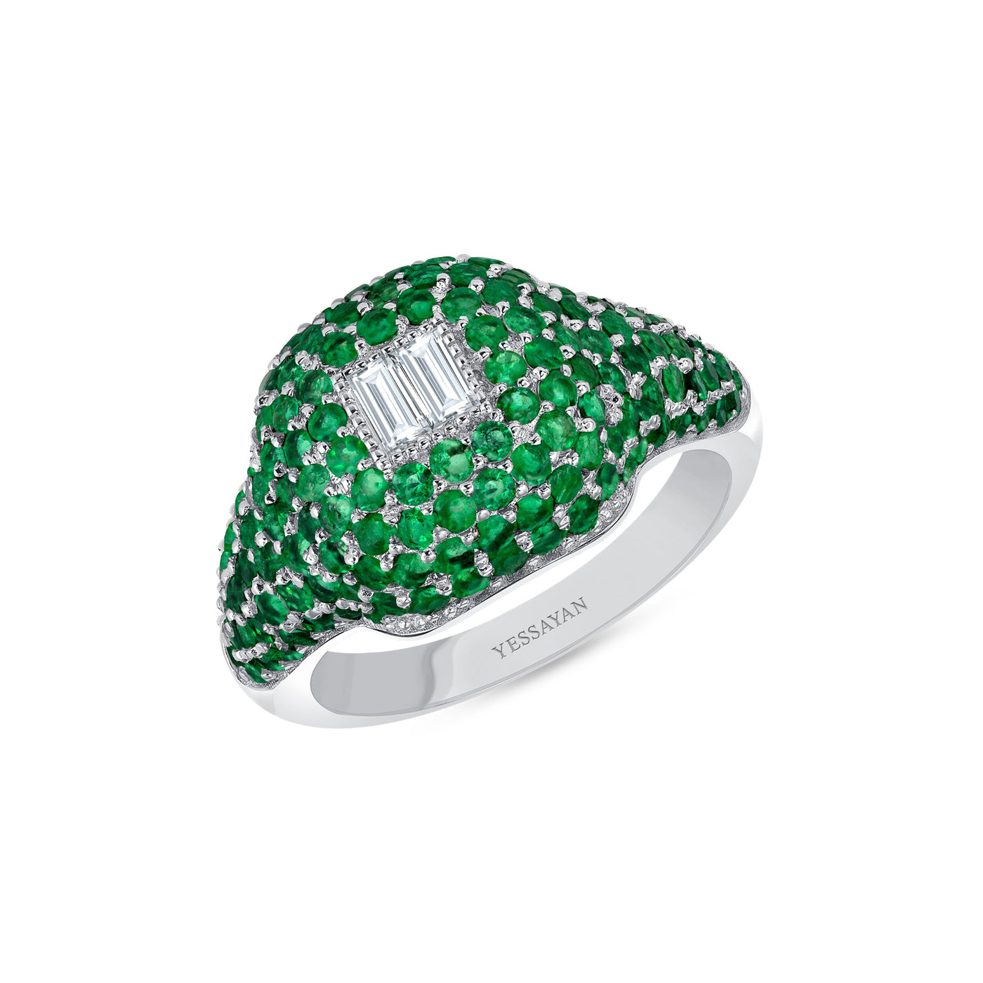 Yessayan 18K White Gold Emerald & Diamond Signet Ring