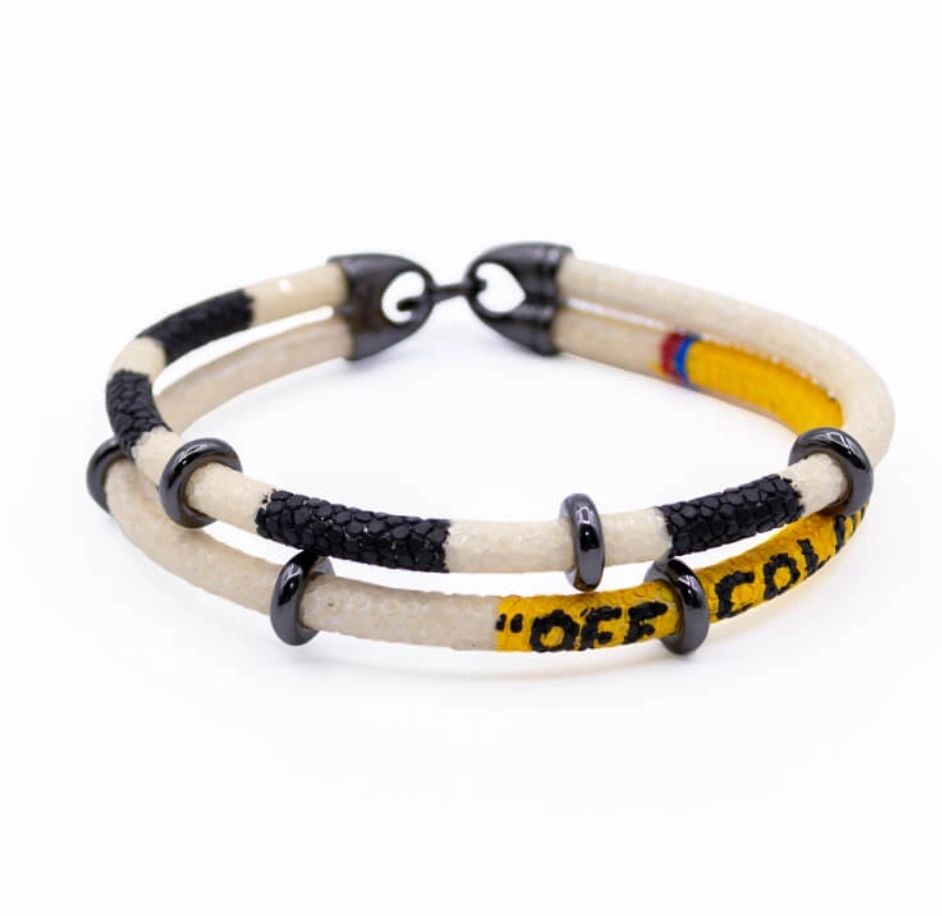 Double Bone White Double Stingray Leather Bracelet With Black Pvd Beads Limited Edition (Off – Colombia) Unisex