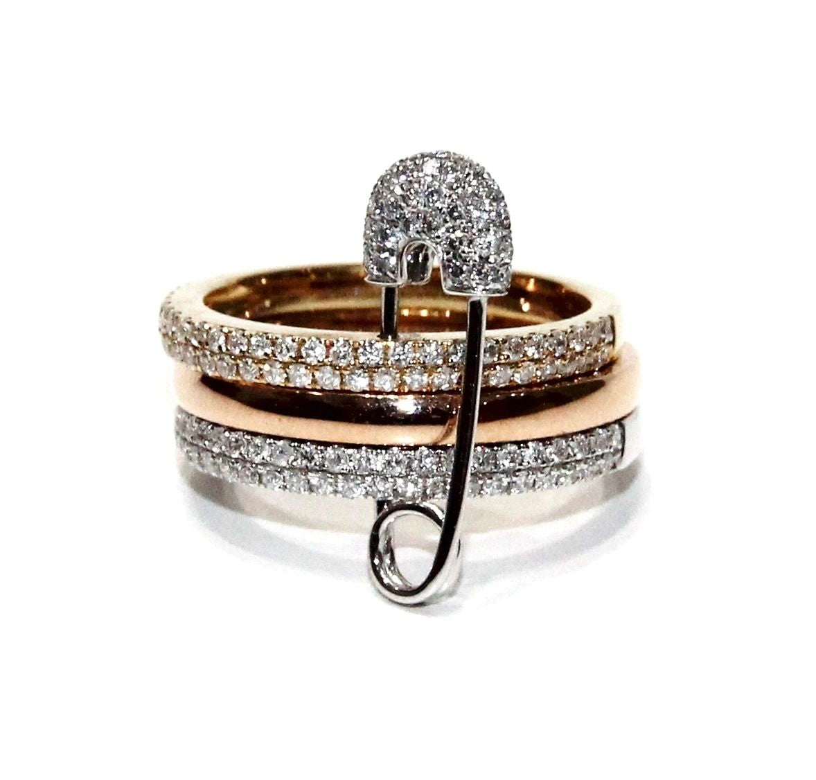 ECJ Collection 18K White, Yellow And Rose Gold Safety Pin Diamond Ring