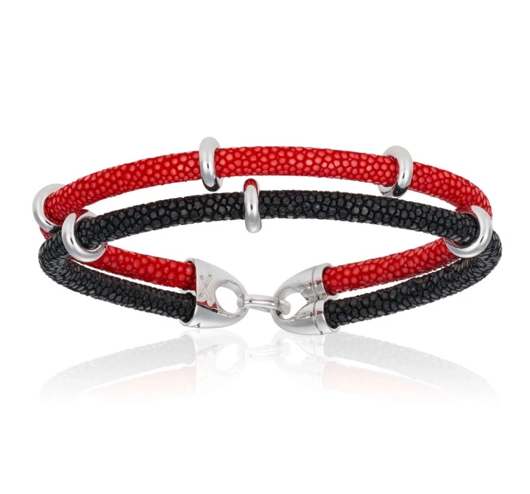 Double Bone Red / Black Stingray Bracelet With Silver Beads (Unisex)