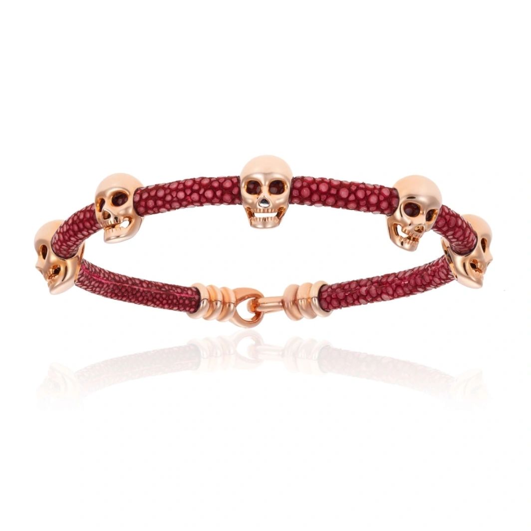 Double Bone Red Wine Stingray Bracelet With Rose Gold Skull (Unisex)