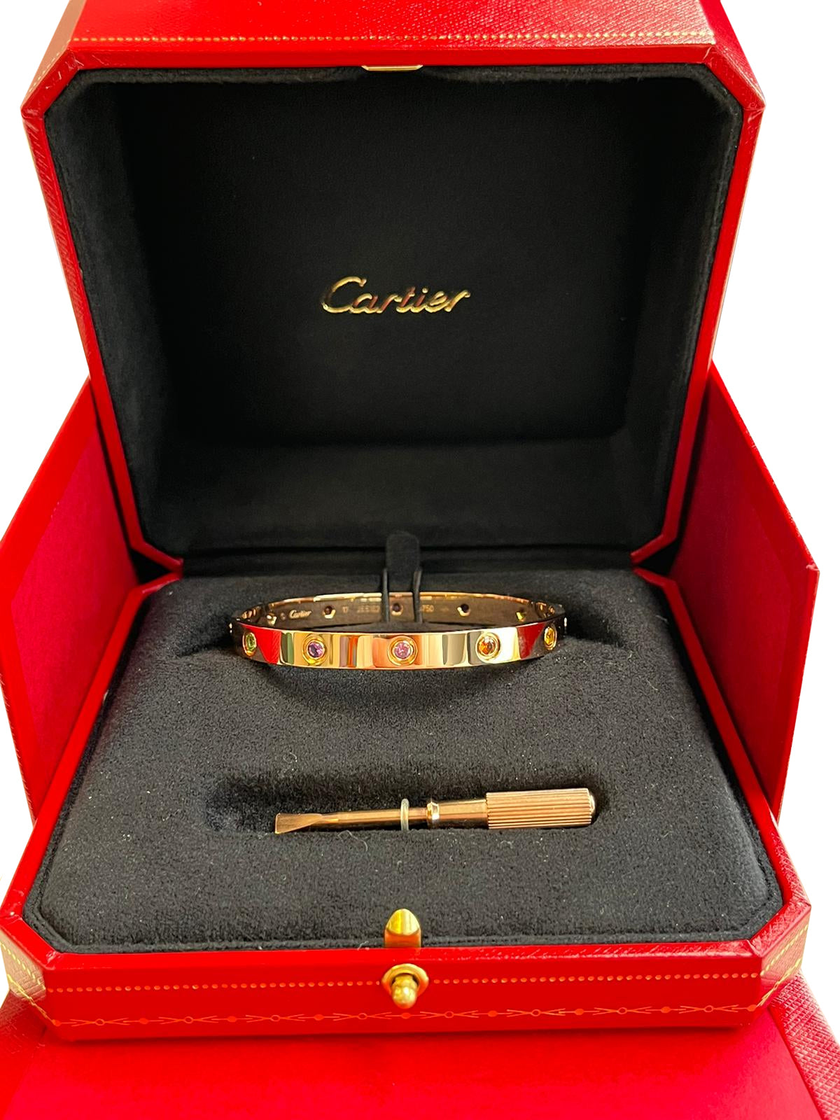 Cartier Love 10 Colored Gemstones 18K Rose Gold Size 17 Bracelet Bangle