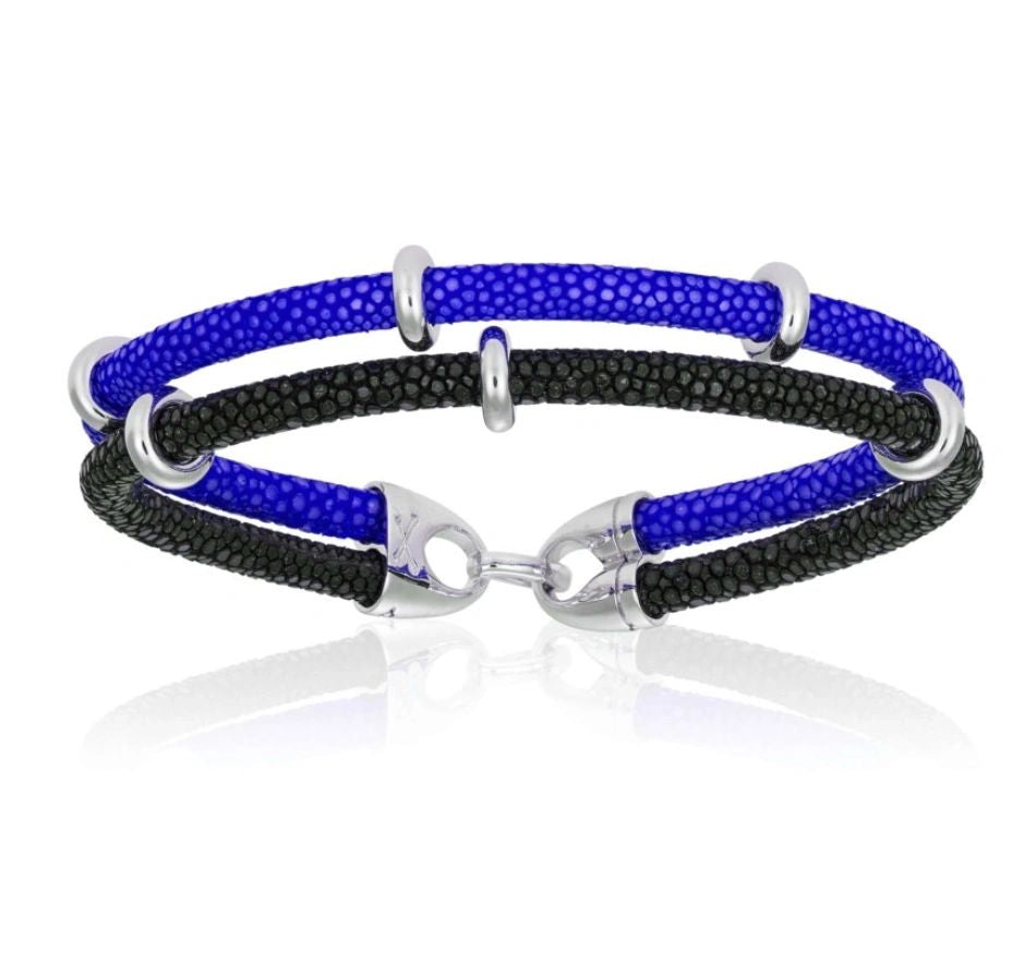 Double Bone Blue / Black Stingray Bracelet With Silver Beads (Unisex)