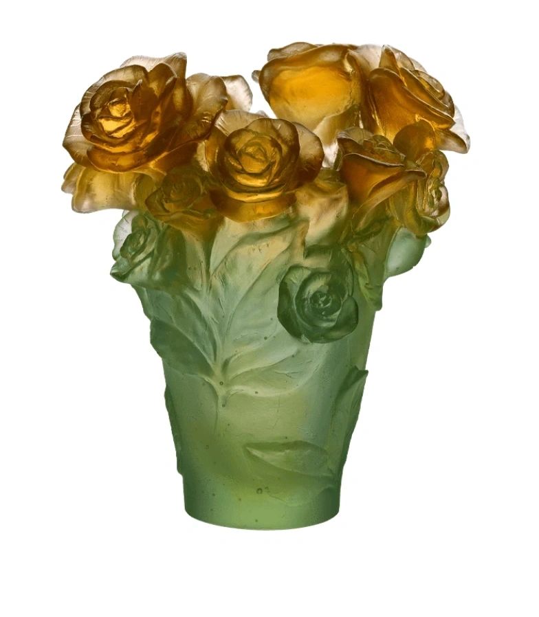 Daum Rose Passion Vase in Green & Orange, Small