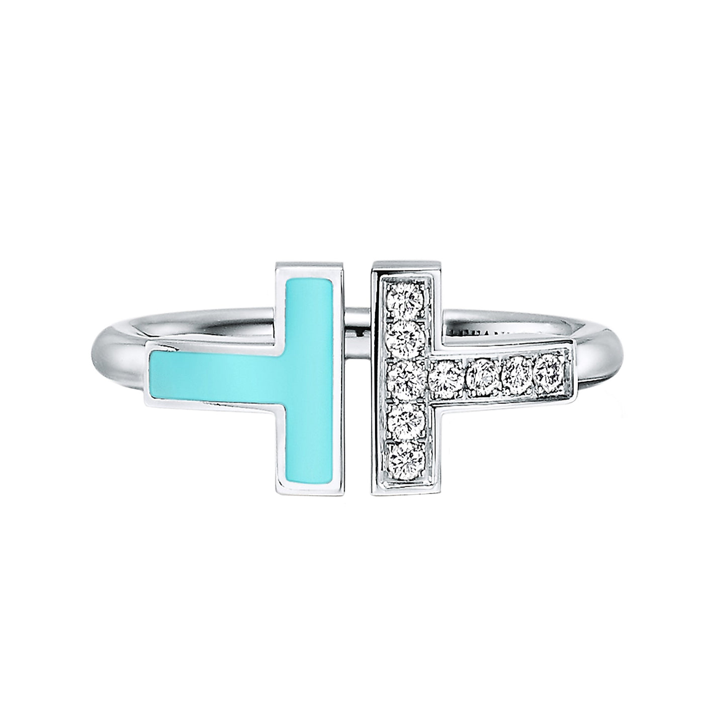 Tiffany & Co T Diamond & Turquoise Wire Ring 18k White Gold with Round Diamonds