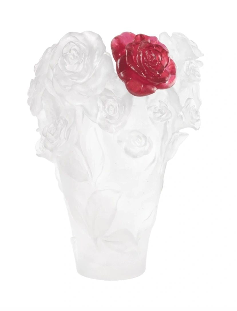 Daum Rose Passion Vase in White with Red Flower, Large