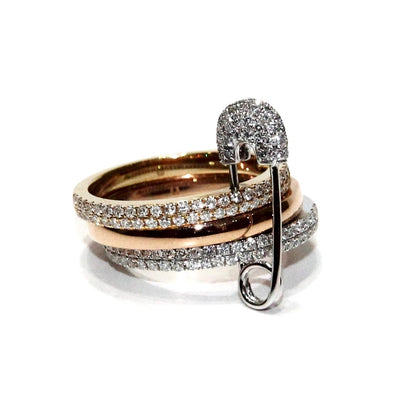ECJ Collection 18K White, Yellow And Rose Gold Safety Pin Diamond Ring