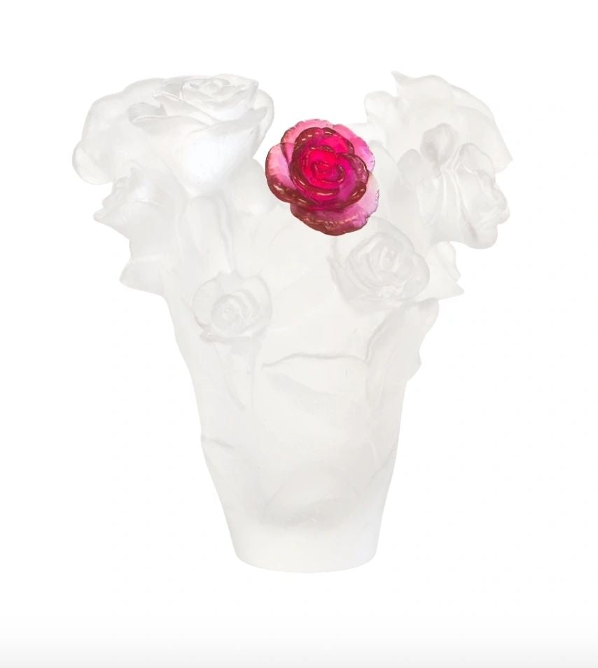 Daum Rose Passion Vase in White with Red Flower, Small