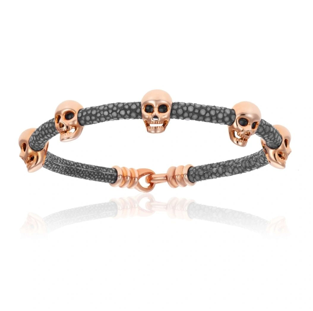 Double Bone Gray Stingray Bracelet With Rose Gold Skull (Unisex)