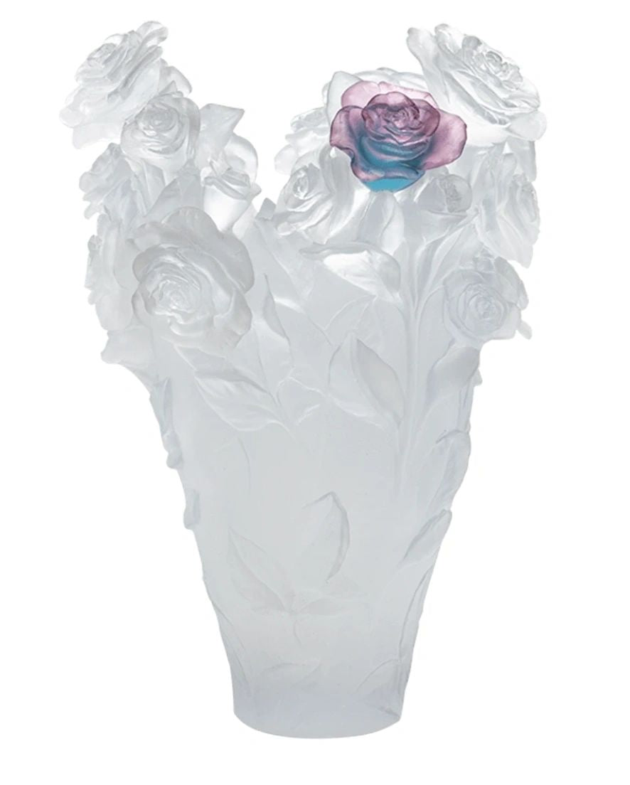 Daum Rose Passion Vase in White with Green & Pink Flower, Magnum
