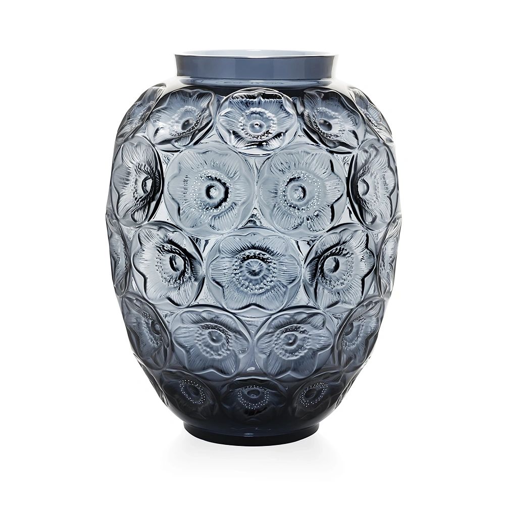 LALIQUE ANEMONES GRAND VASE LIMITED EDITION OF 188 PIECES MIDNIGHT BLUE CRYSTAL AND WHITE ENAMELLED - ecjmiami
