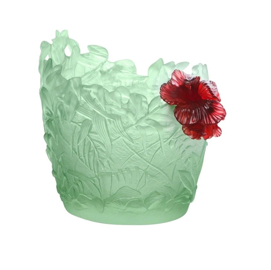 Daum Hibiscus Medium Vase in Light Green & Red 225 Limited Pieces
