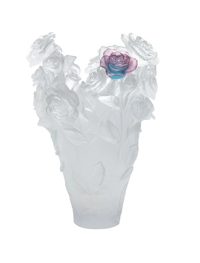 Daum Rose Passion Vase in White with Green & Pink Flower, Magnum