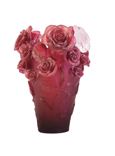 Daum Rose Passion Vase in Red with White Flower, Large