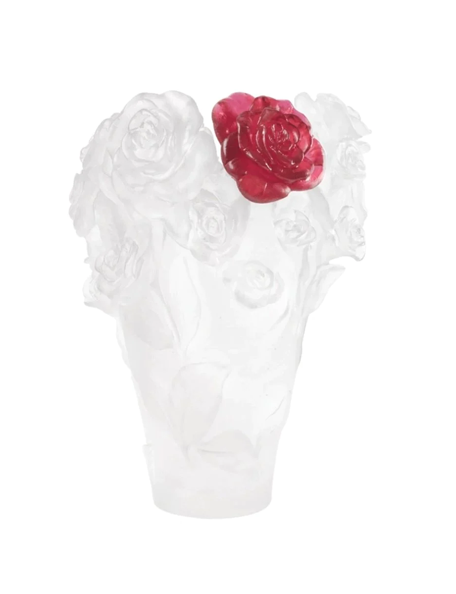 Daum Rose Passion Vase in White with Red Flower, Large