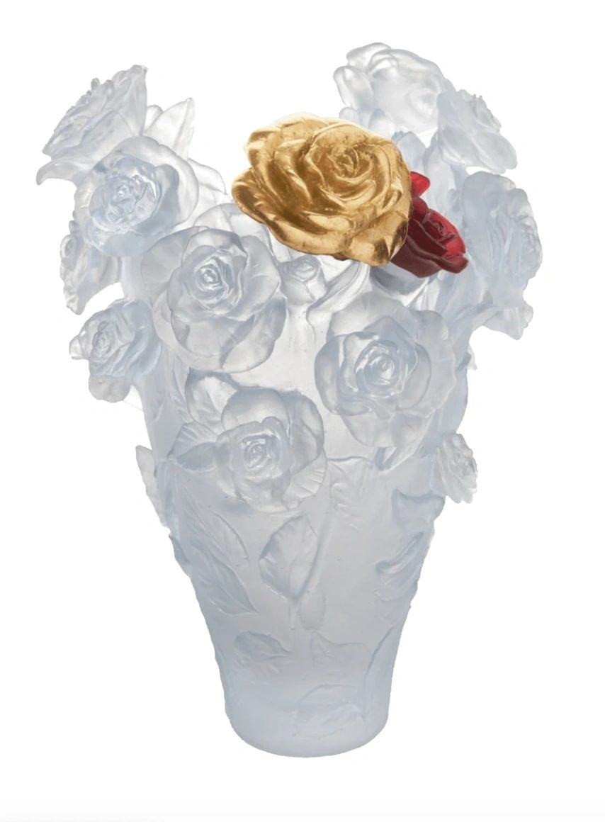 Daum Rose Passion Vase in White with Red & Gold Flowers, Magnum