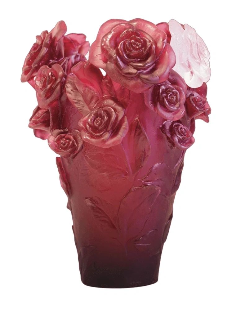 Daum Rose Passion Vase in Red with White Flower, Large