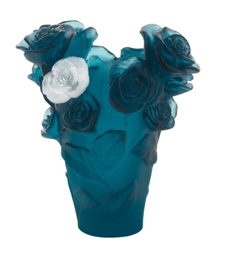 Daum Rose Passion Vase in Blue with White Rose, Small