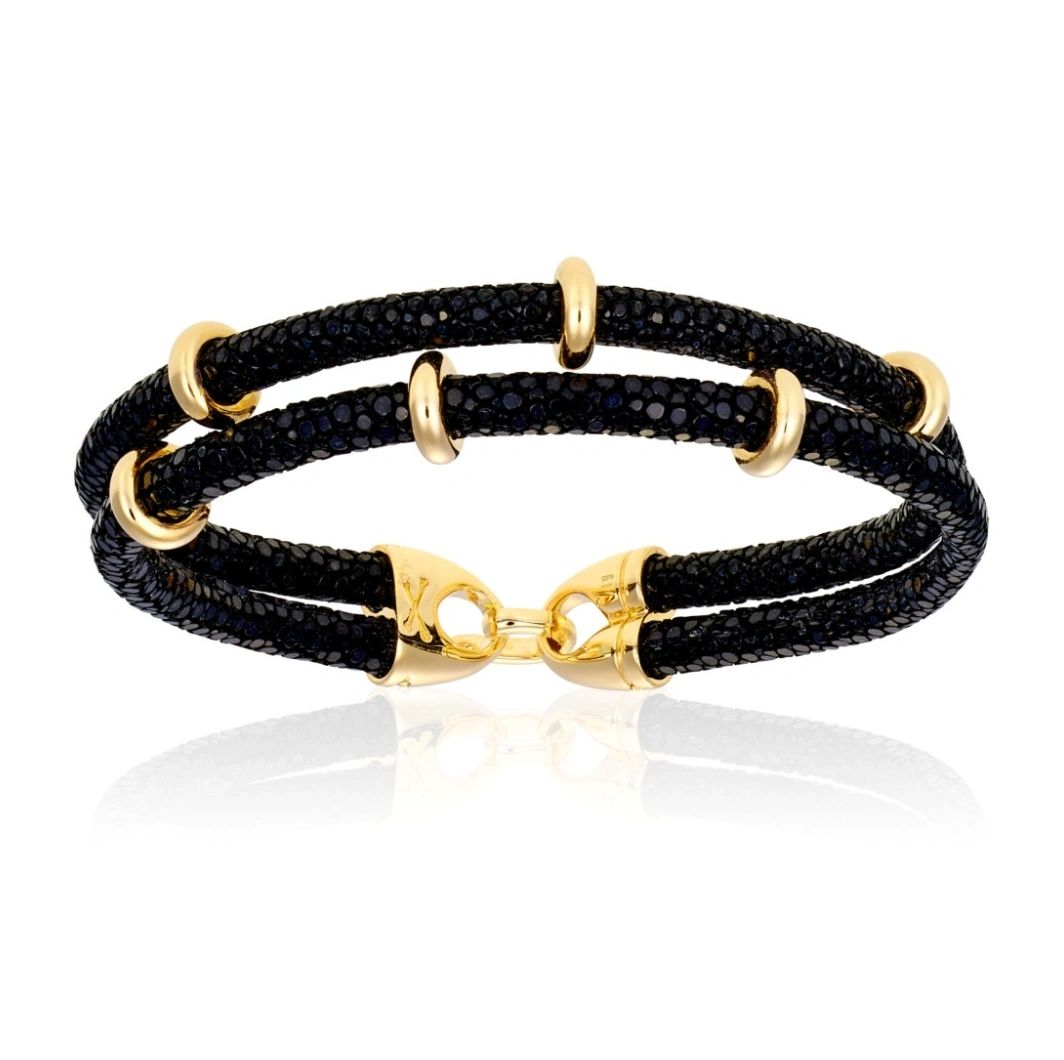 Double Bone Black Stingray Bracelet With Yellow Gold Beads (Unisex)